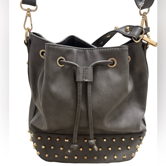 Gray Faux Leather Studded Bucket Bag – Drawstring Shoulder Purse - Picture 7 of 11